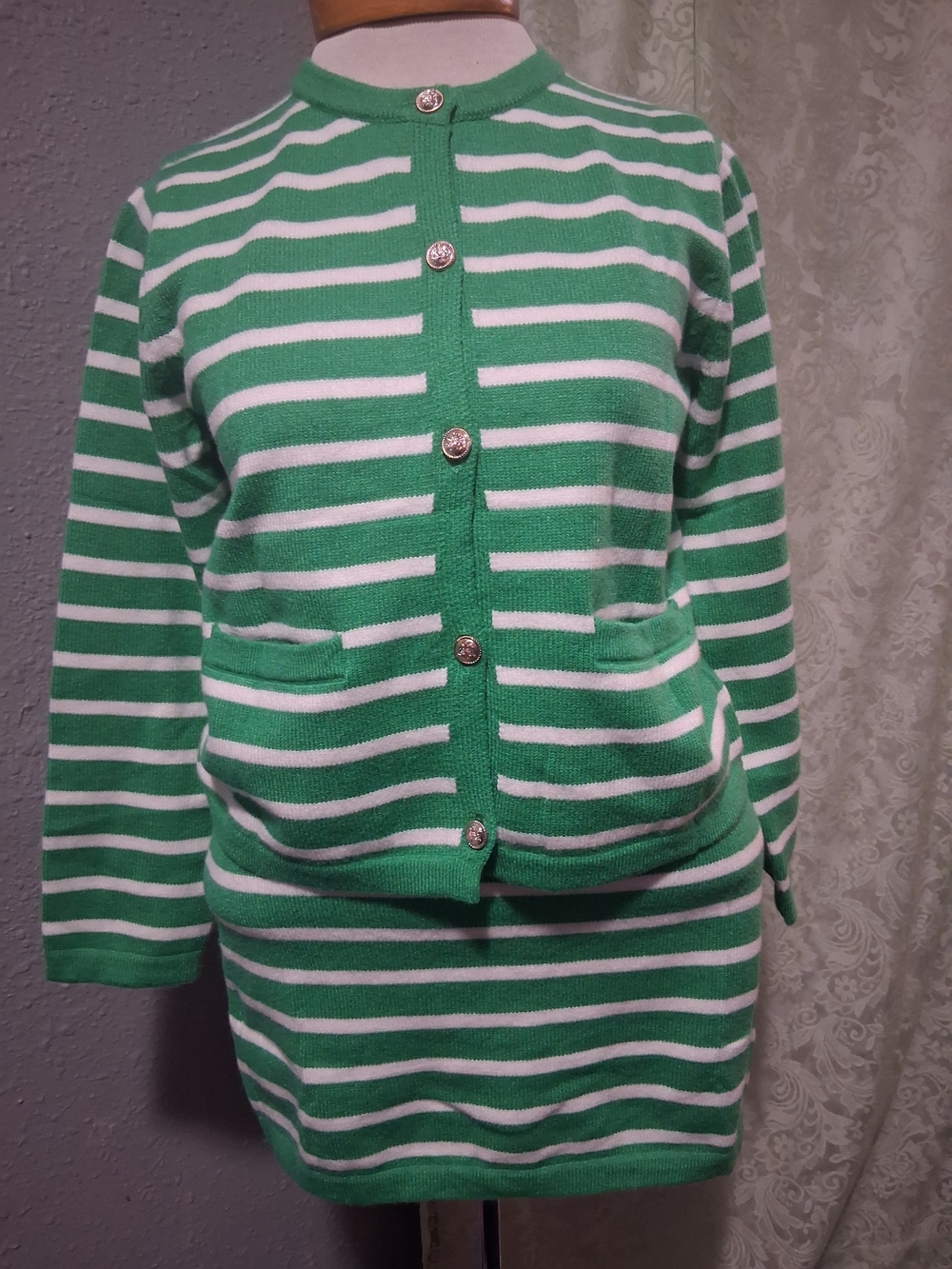 Green and White Striped Knit Cardigan Set